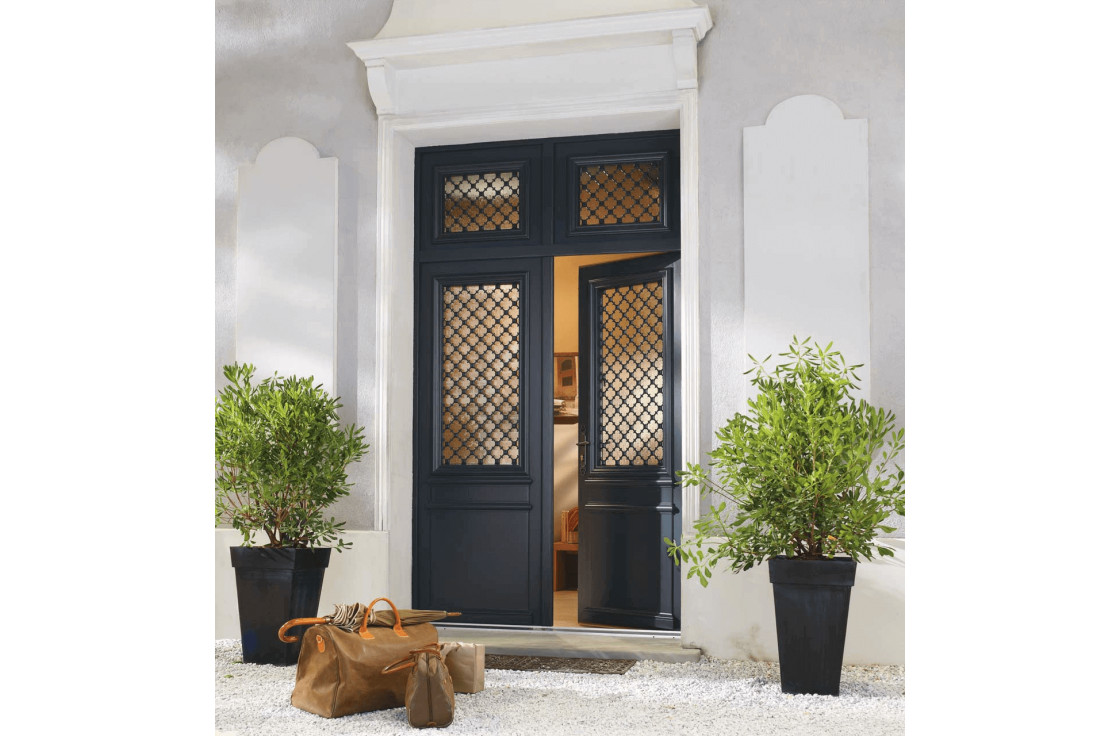 Porte d'entrée bois vitrée et grille décorative