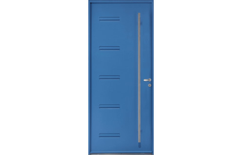 Porte d'entrée acier pleine avec rainures et barre de tirage