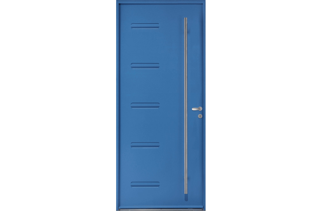 Porte d'entrée acier pleine avec rainures et barre de tirage