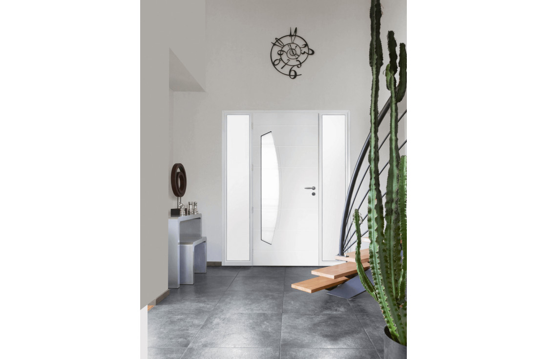 Porte d'entrée alu mi vitrée en virgule et rainures