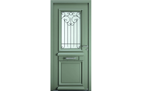Porte d'entrée alu bois classique vitrée et grille intégrée