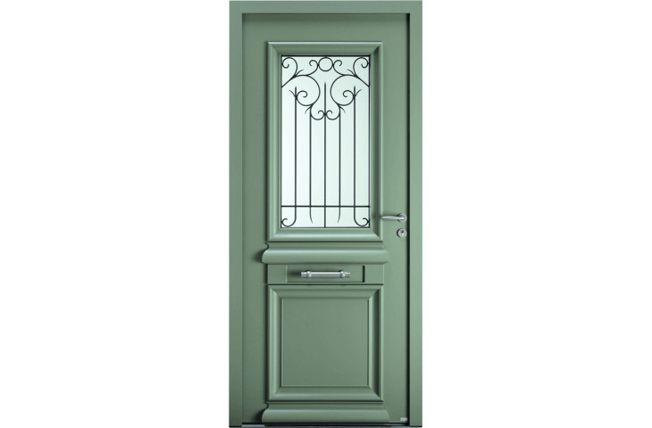 Porte bois alu traditionnelle vitrée et grille intégrée