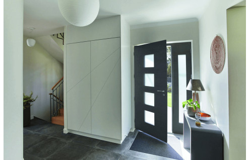 Porte d'entrée mixte avec 4 vitrages carrés sablés