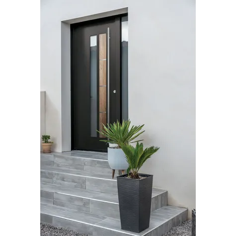 Porte d'entrée acier vitrée avec décor bois