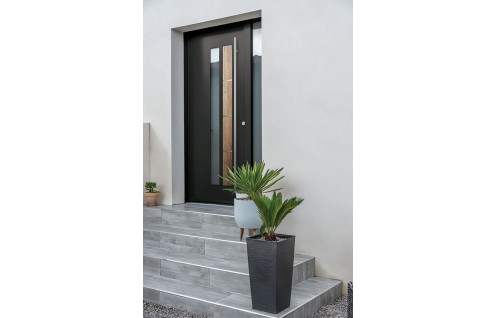 Porte d'entrée acier vitrée avec décor bois