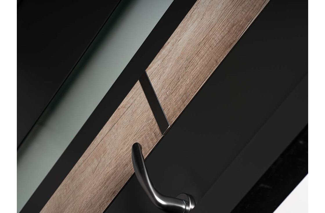 Porte d'entrée acier vitrée avec décor bois