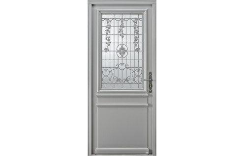 Porte d'entrée bois avec grille décorative à motifs