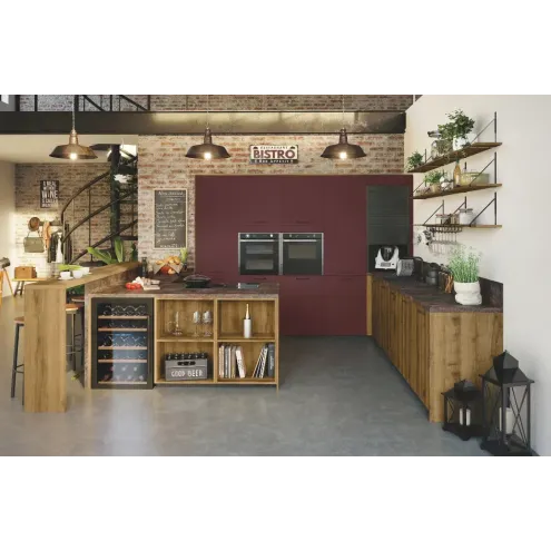 Cuisine équipée rouge bordeaux et bois - BERGERAC