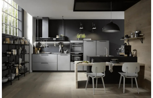 Cuisine avec îlot central effet acier brossé Berlin