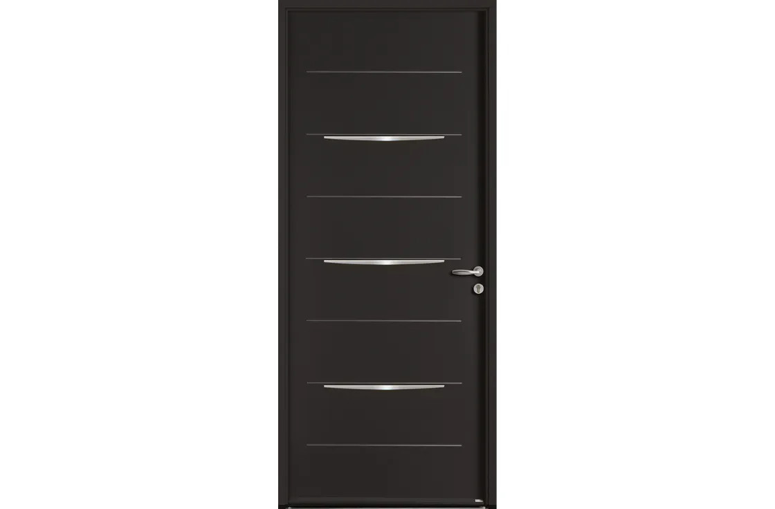 Porte d'entrée acier moderne avec 3 inserts inox