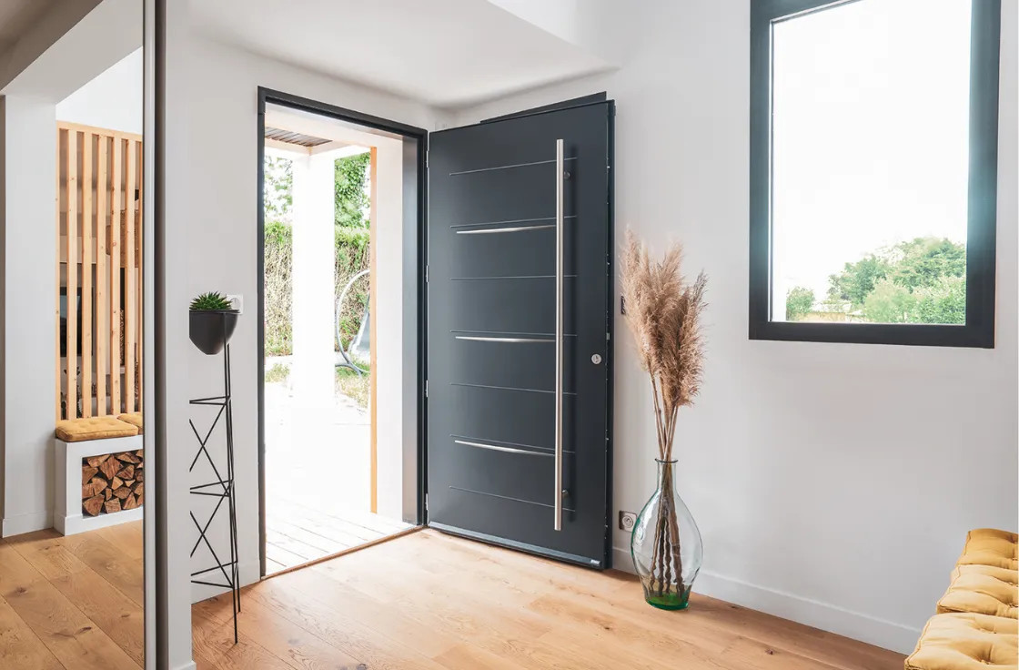 Porte d'entrée acier moderne avec 3 inserts inox