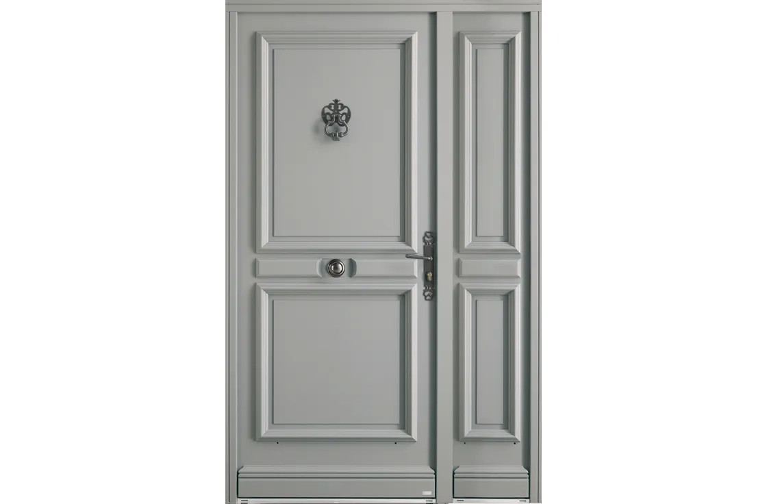 Porte d'entrée en bois pleine avec moulures