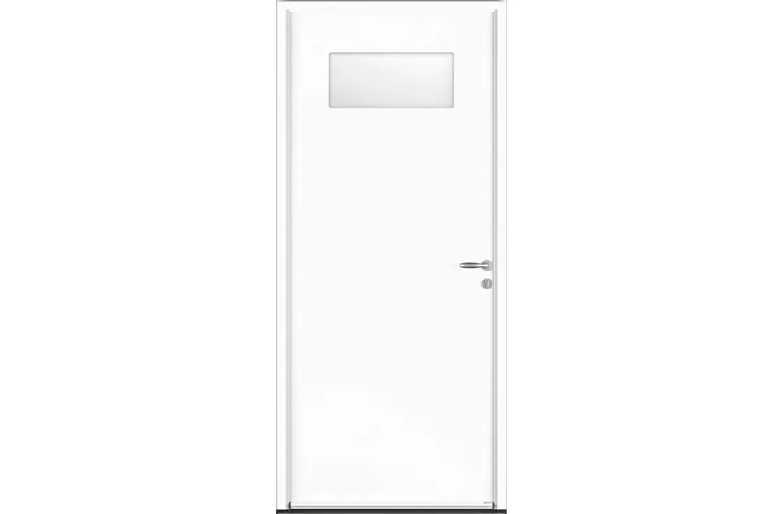 Porte de service acier avec un petit vitrage sablé rectangulaire
