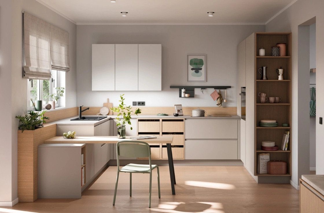 Cuisine équipée sans poignée beige pierre et bois | Liège