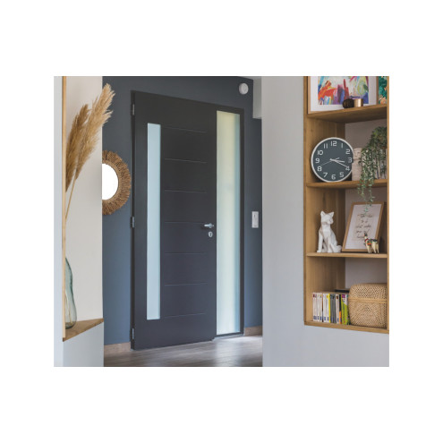 Porte d'entrée acier avec vitrage vertical et rainures