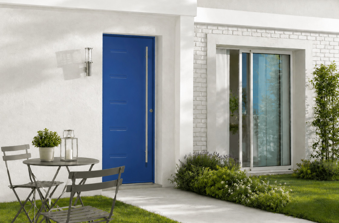 Porte d'entrée acier pleine avec barre de tirage