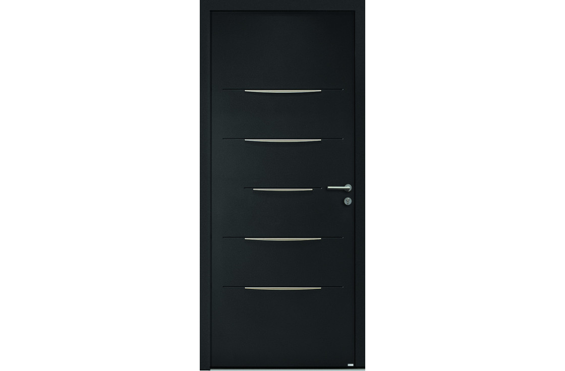 Porte d’entrée aluminium pleine avec inserts décoratifs