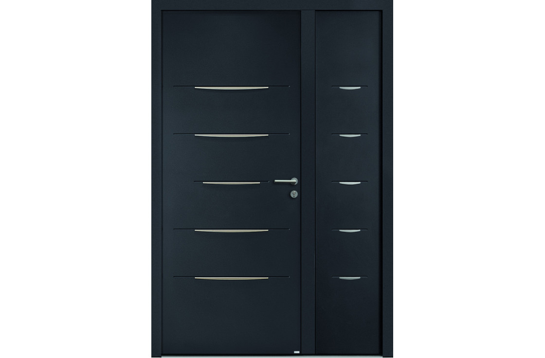Porte d’entrée aluminium pleine avec inserts décoratifs