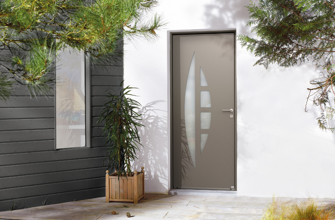 Porte d'entrée contemporaine aluminium avec double vitrage demi-lune