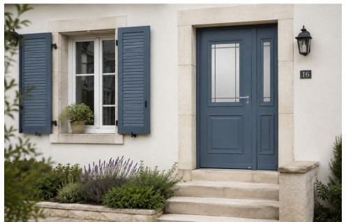 Porte d'entrée aluminium vitrée avec moulures