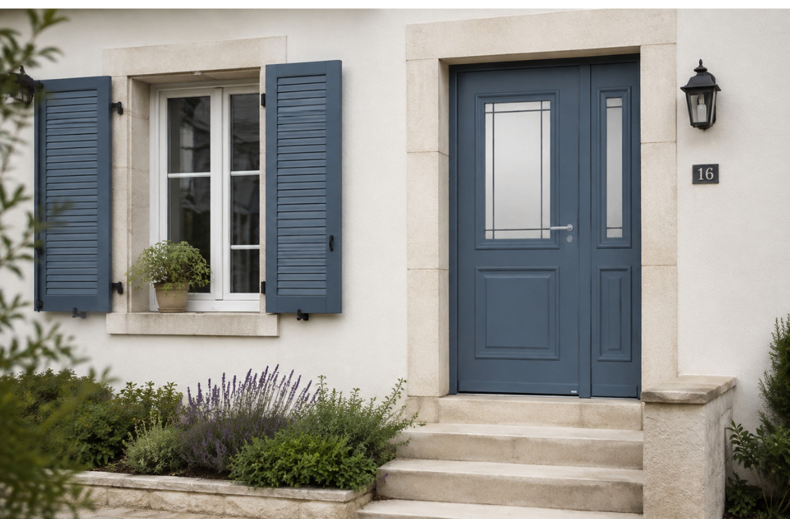 Porte d'entrée aluminium vitrée avec moulures