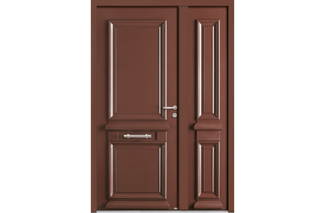 Porte d'entrée aluminium traditionnelle pleine avec moulures nobles