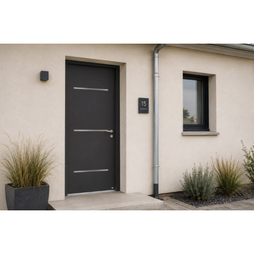 Porte d'entrée aluminium pleine avec inserts inox