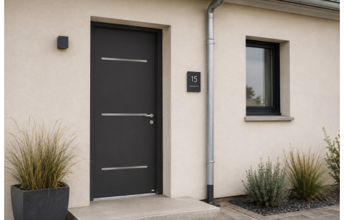 Porte d'entrée aluminium pleine avec inserts inox
