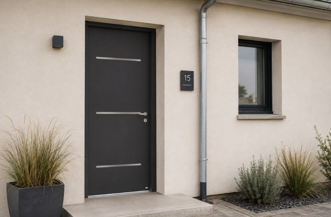 Porte d'entrée aluminium contemporaine avec inserts inox