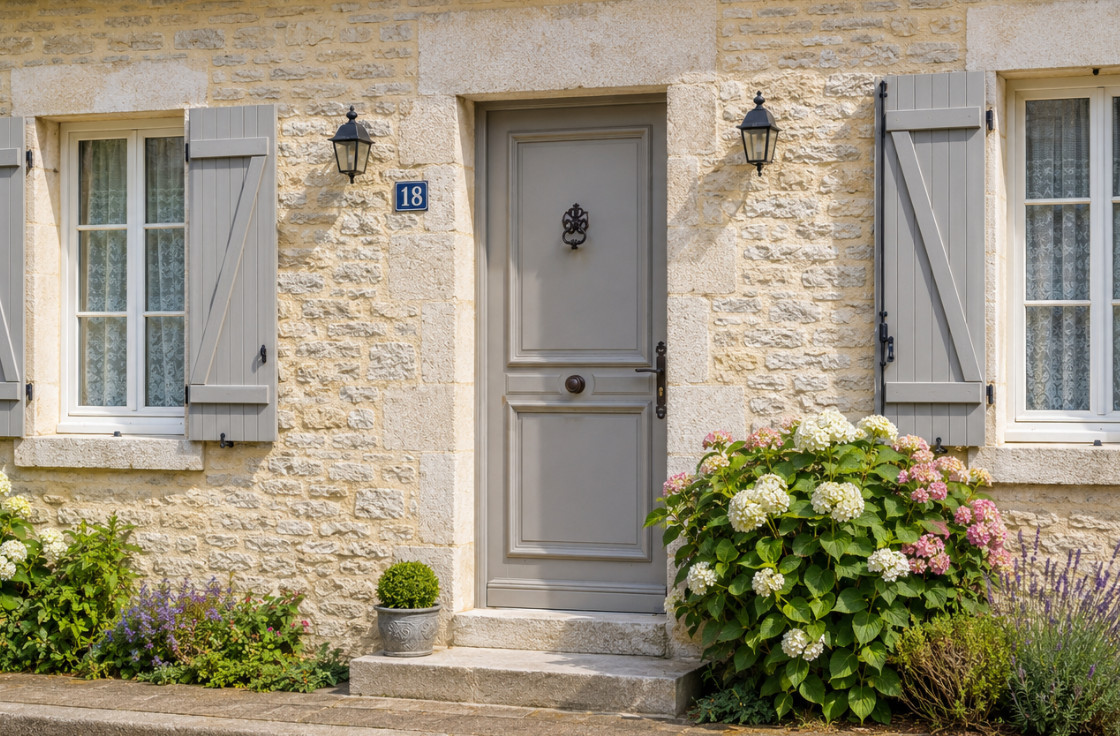 Porte d'entrée bois traditionnelle avec moulures