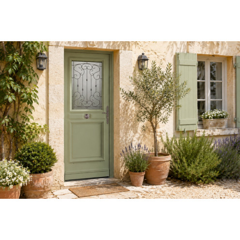 Porte d'entrée bois vitrée avec grille décorative