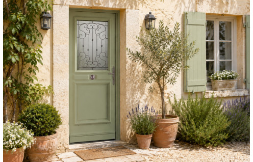 Porte d'entrée bois vitrée avec grille décorative