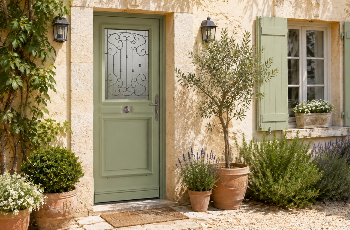 Porte d'entrée bois traditionnelle vitrée avec grille