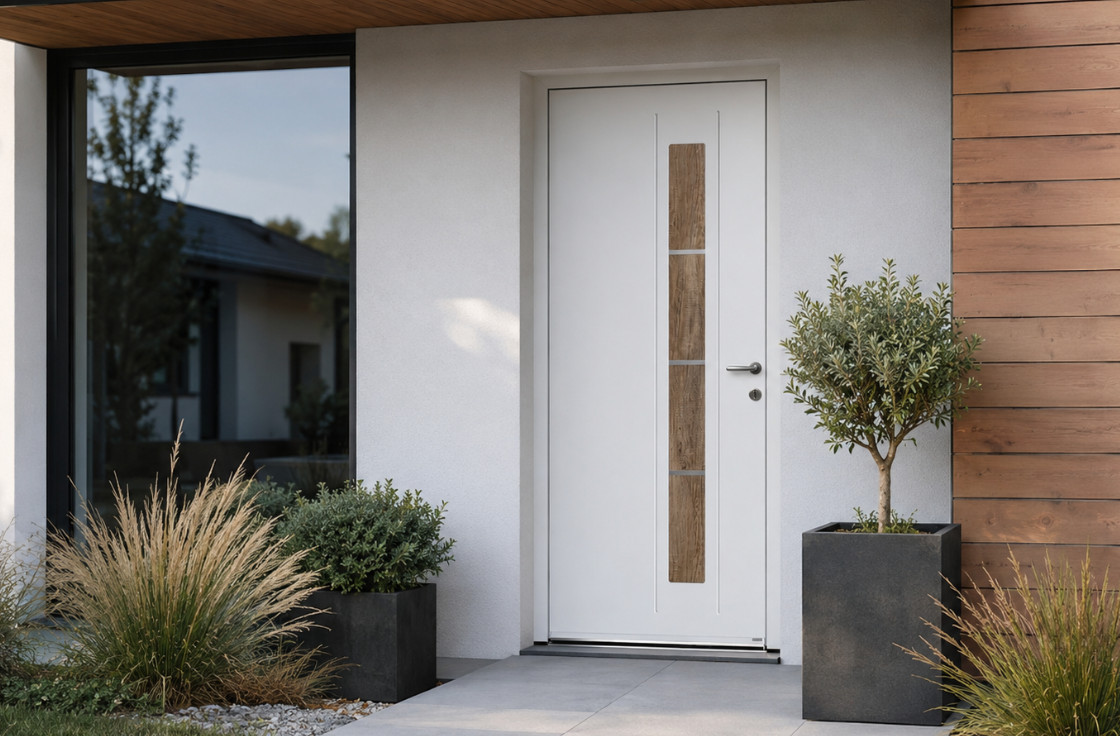 Porte d’entrée acier décor bois sur mesure