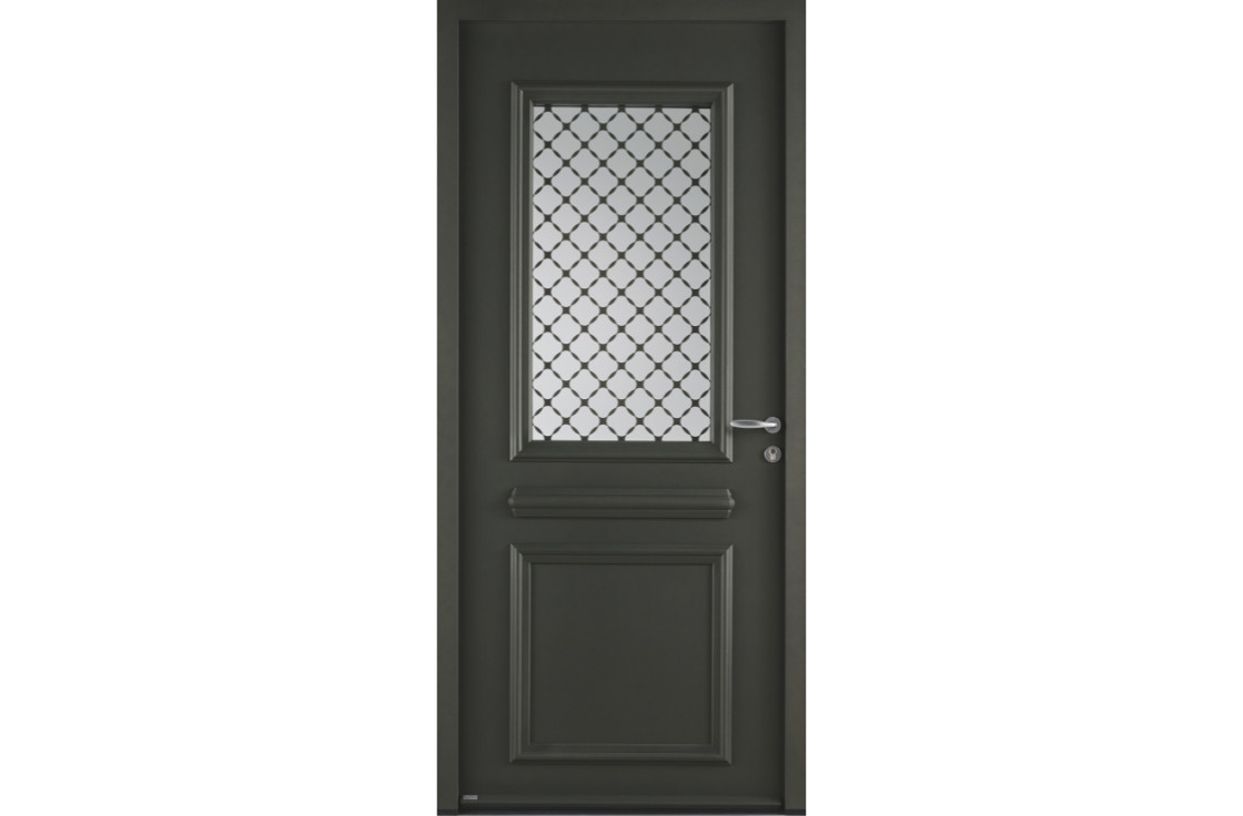Porte d'entrée acier traditionnelle vitrée avec grille