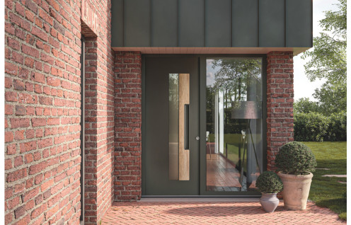 Porte d'entrée acier moderne avec grand vitrage affleurant