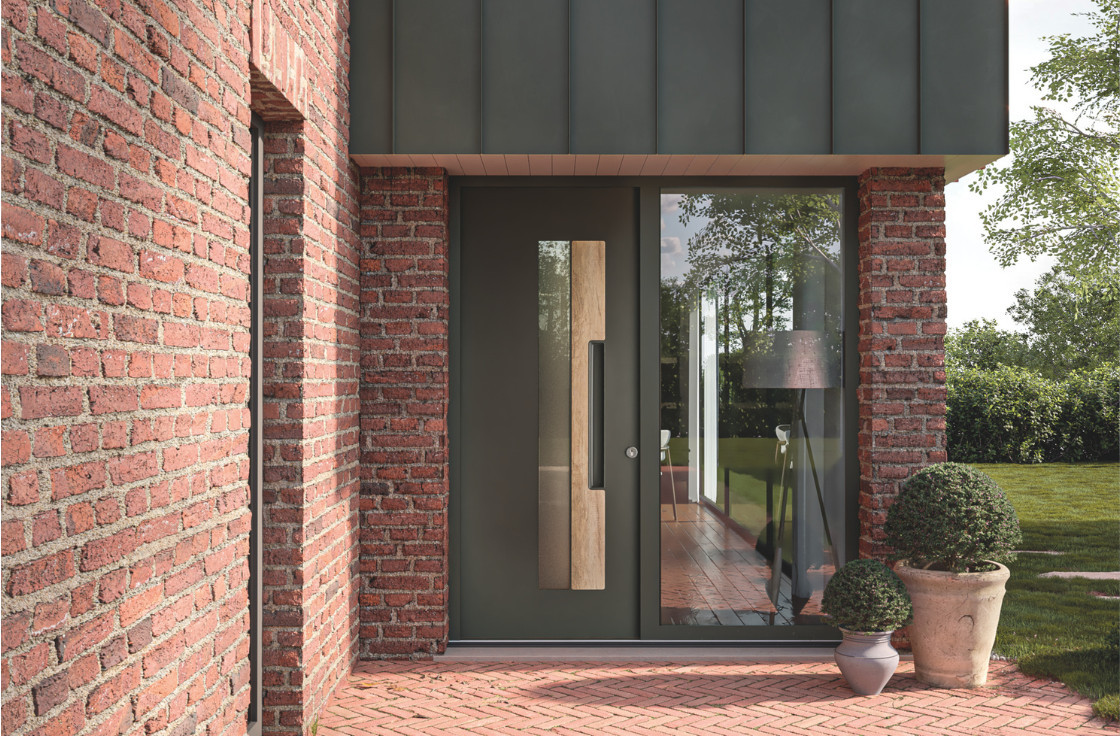 Porte d'entrée acier moderne avec grand vitrage affleurant