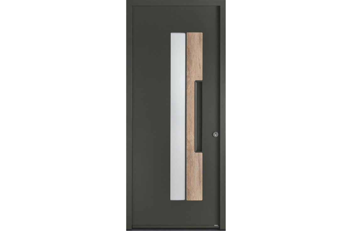 Porte d'entrée acier moderne avec grand vitrage affleurant