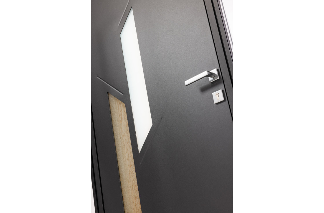 Porte d'entrée acier moderne avec vitrage géométrique