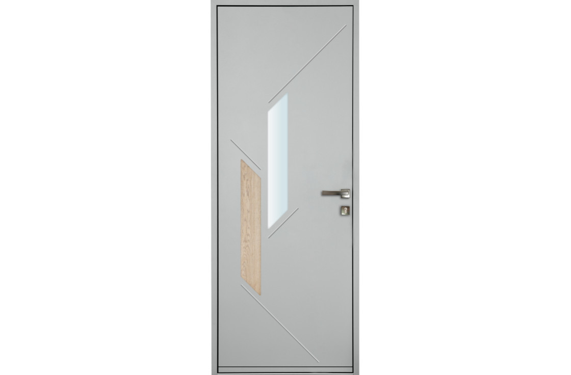 Porte d'entrée acier moderne avec vitrage géométrique