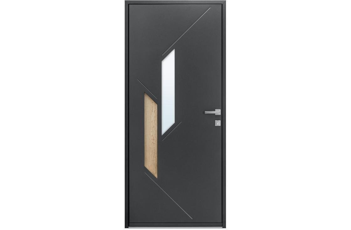 Porte d'entrée acier moderne avec vitrage géométrique