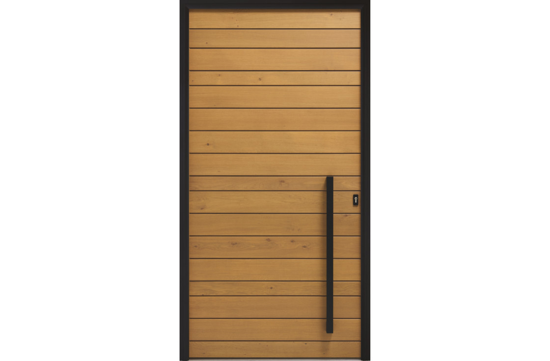 Porte d'entrée bois contemporaine avec barre de tirage
