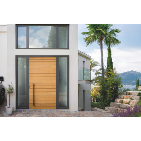 Porte d'entrée bois avec barre de tirage