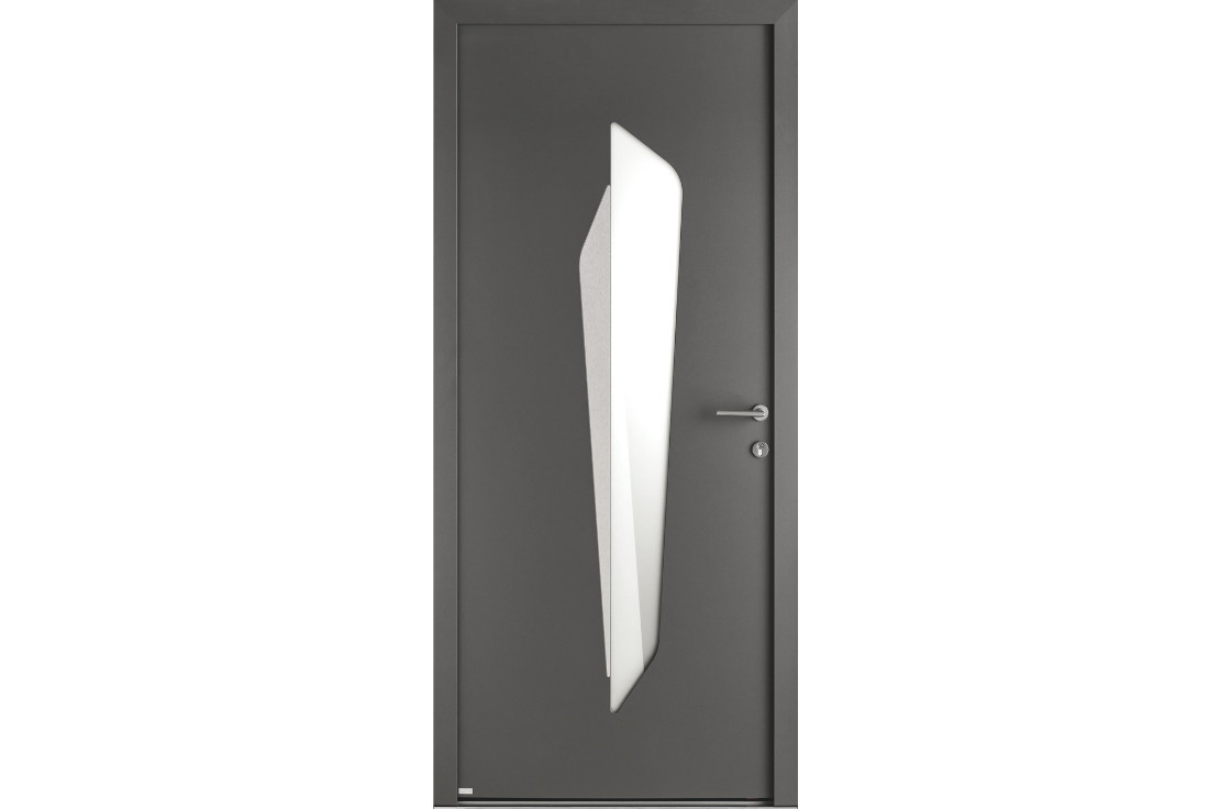 Porte d'entrée aluminium moderne avec vitrage et décor inox