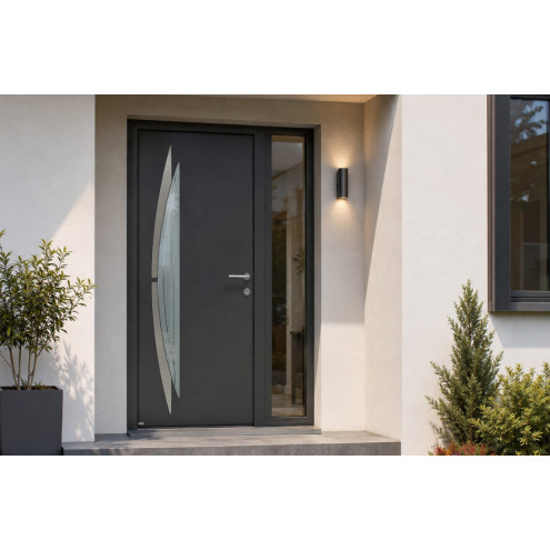 Porte d'entrée aluminium avec décor inox et vitrage sablé