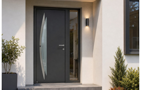 Porte d'entrée aluminium avec décor inox et vitrage sablé