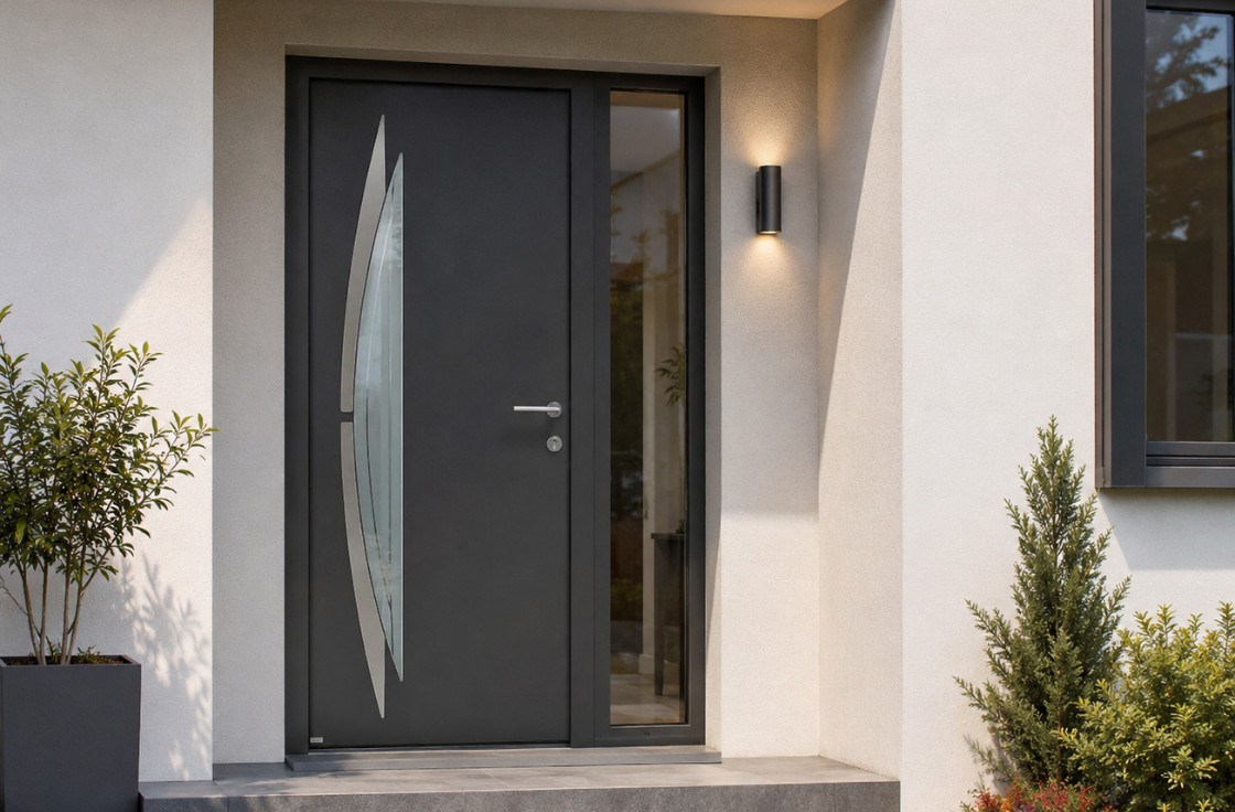 Porte d'entrée aluminium moderne vitrée avec décor inox