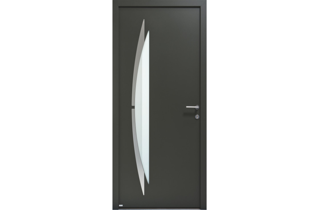 Porte d'entrée aluminium moderne vitrée avec décor inox
