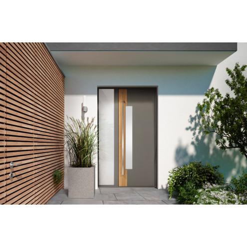 Porte d'entrée aluminium vitrée avec décor bois