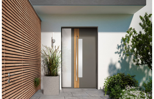 Porte d'entrée aluminium vitrée avec décor bois